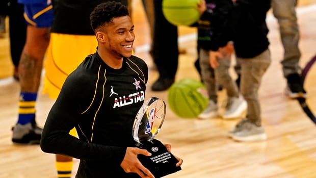 Team LeBron forward Giannis Antetokounmpo of the Milwaukee Bucks (34) reacts to being named the MVP of the 2021 NBA All-Star Game.